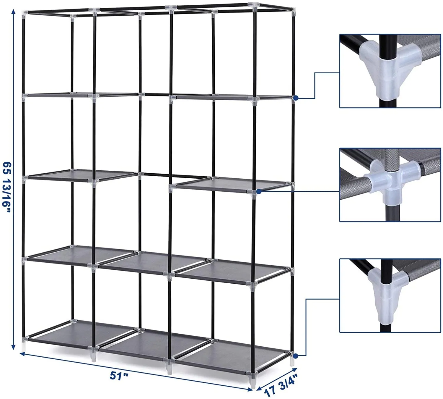 51" Portable Closet Organizer Wardrobe, Storage Organizer with 10 Shelves