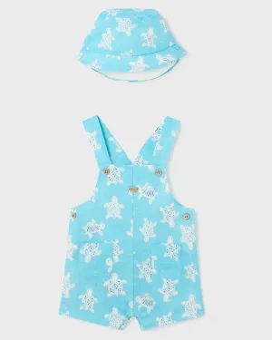 Aqua Blue Turtle Printed Overalls with Hat