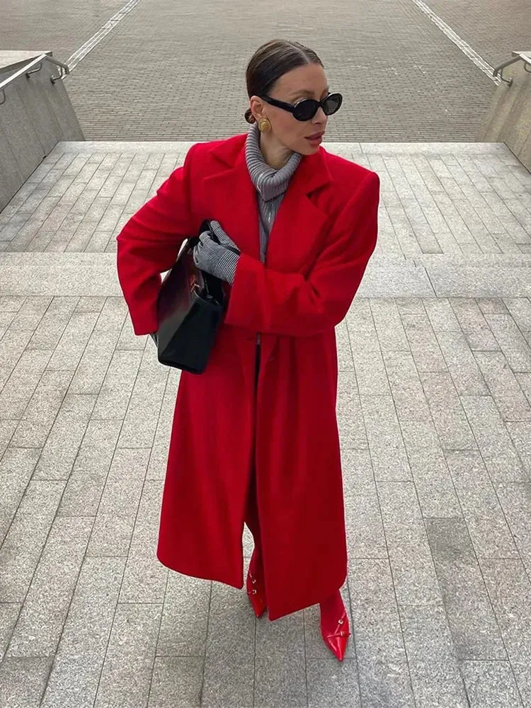 Back To School Joskaa Fashion Red Turn Down Collar Long Overcoats Elegant Lady Solid Long Sleeves With Pocket Coats 2024 Autumn Winter High Streetwear