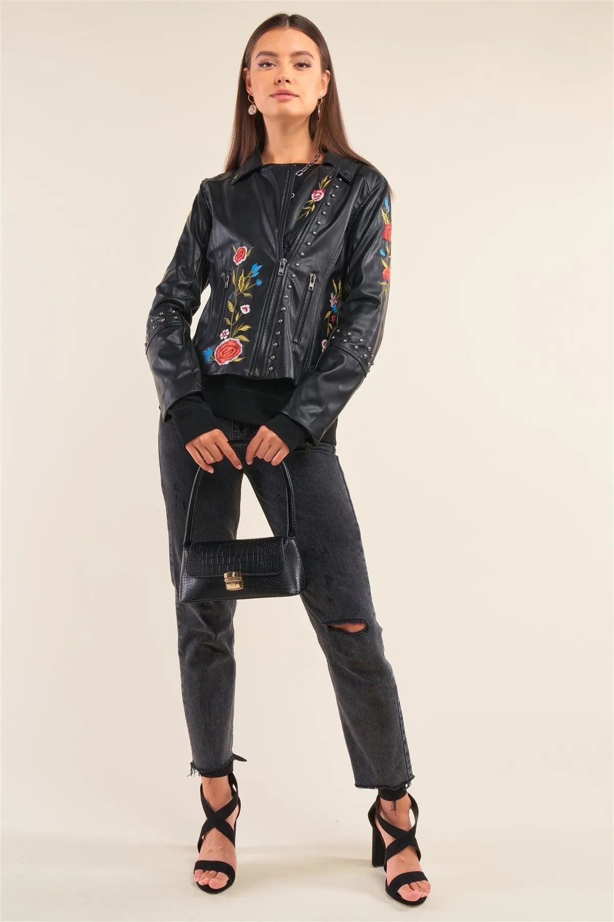 Black Metal Beads Detail Floral Embroidery Long "Tattooed" Sleeve Vegan Leather Jacket /1-1-1-1-1