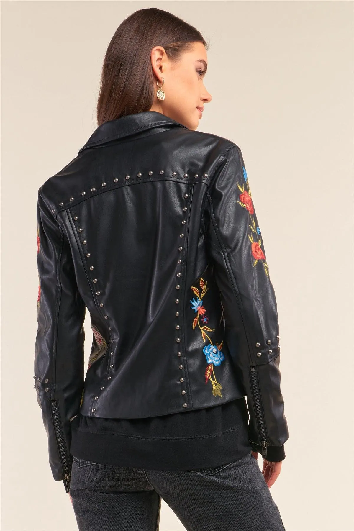 Black Metal Beads Detail Floral Embroidery Long "Tattooed" Sleeve Vegan Leather Jacket /1-1-1-1-1