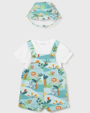 Blue Safari Printed Overalls, Tee, & Hat Set