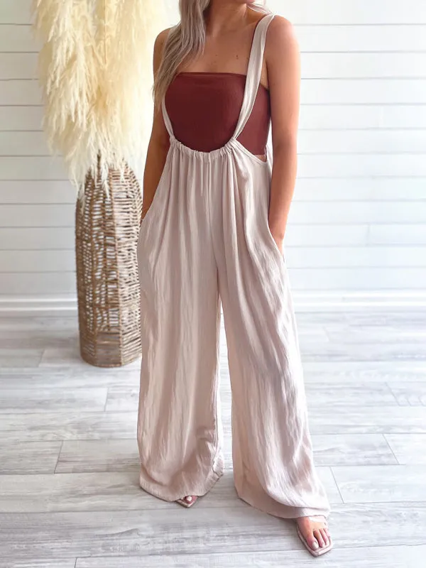 Boho Trendy Overall Tie Back Strap Jumpsuit with Pockets