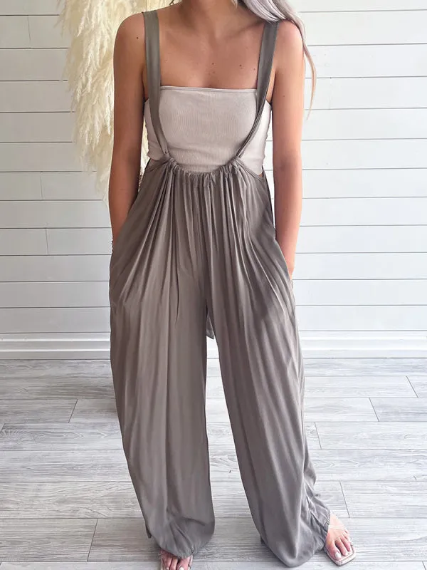 Boho Trendy Overall Tie Back Strap Jumpsuit with Pockets