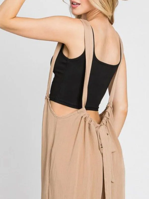 Boho Trendy Overall Tie Back Strap Jumpsuit with Pockets