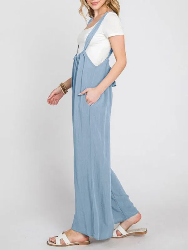 Boho Trendy Overall Tie Back Strap Jumpsuit with Pockets