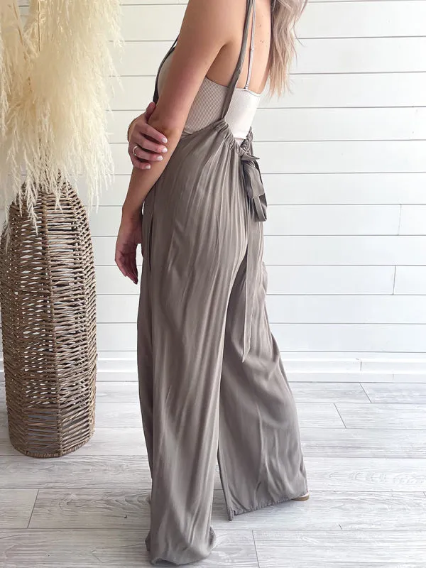 Boho Trendy Overall Tie Back Strap Jumpsuit with Pockets