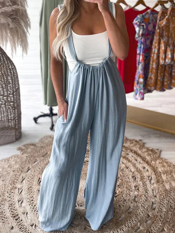 Boho Trendy Overall Tie Back Strap Jumpsuit with Pockets