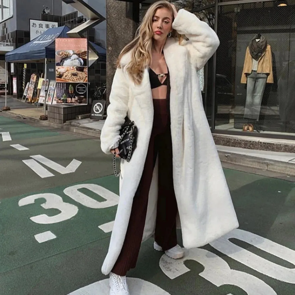 Bonnyshow  Faux Rabbit Fur Long Coats For Women Slim Fashion Winter Warm Jacket Street Elegant Temperament Cardigan Ladies  New