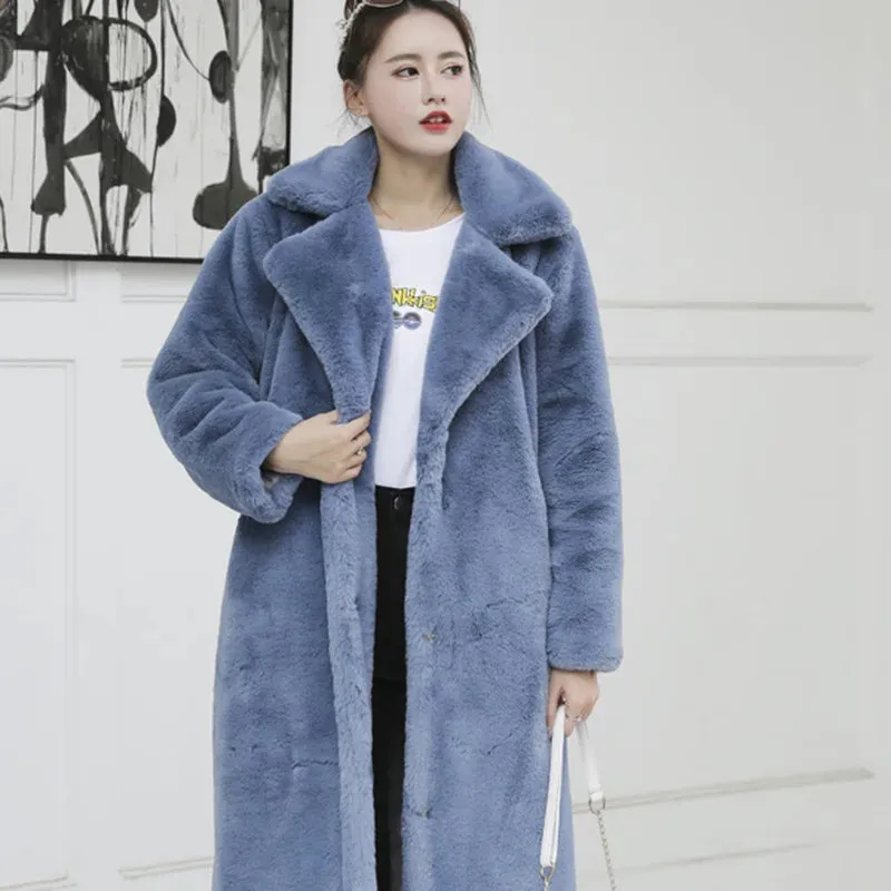 Bonnyshow  Faux Rabbit Fur Long Coats For Women Slim Fashion Winter Warm Jacket Street Elegant Temperament Cardigan Ladies  New