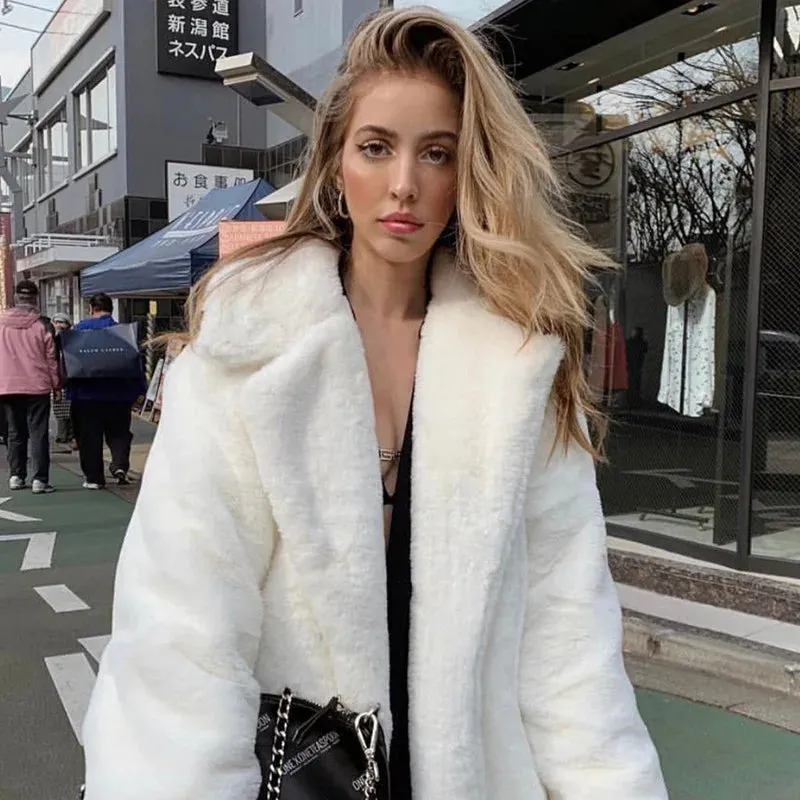 Bonnyshow  Faux Rabbit Fur Long Coats For Women Slim Fashion Winter Warm Jacket Street Elegant Temperament Cardigan Ladies  New