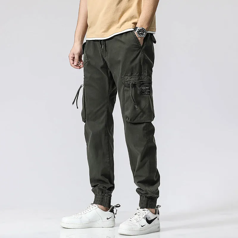 Casual Pants Trendy Brand Elastic Waist Men's Youth Simple Pure Cotton Multi-pocket Work Pants Trousers Ankle-tied