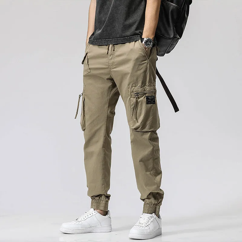 Casual Pants Trendy Brand Elastic Waist Men's Youth Simple Pure Cotton Multi-pocket Work Pants Trousers Ankle-tied