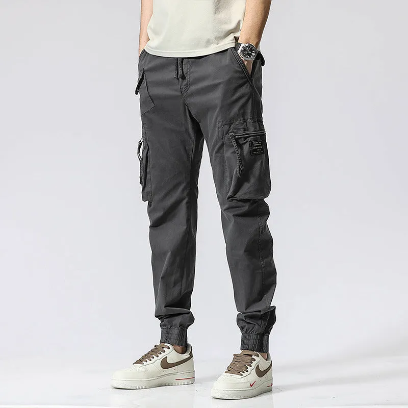 Casual Pants Trendy Brand Elastic Waist Men's Youth Simple Pure Cotton Multi-pocket Work Pants Trousers Ankle-tied