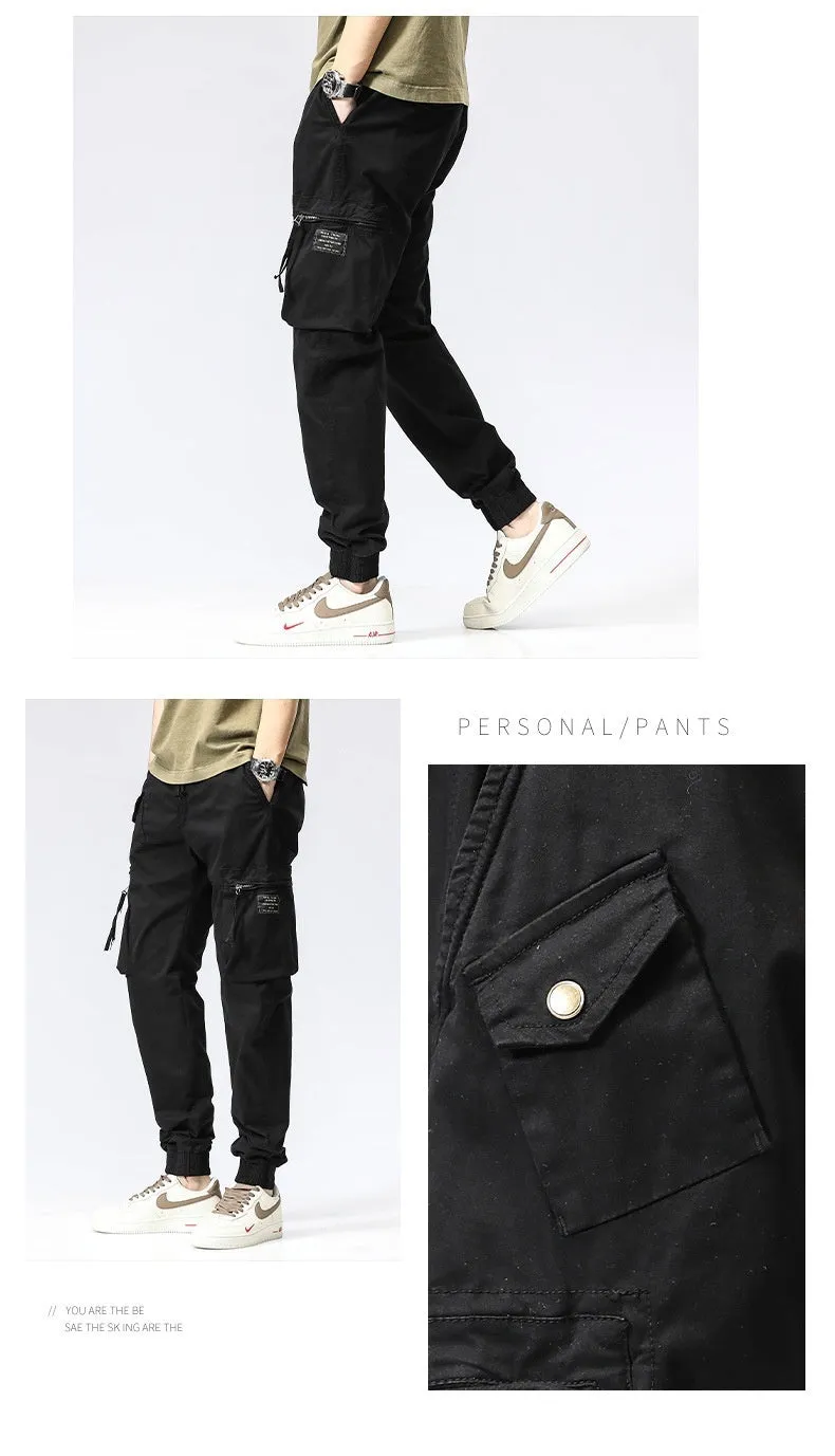 Casual Pants Trendy Brand Elastic Waist Men's Youth Simple Pure Cotton Multi-pocket Work Pants Trousers Ankle-tied