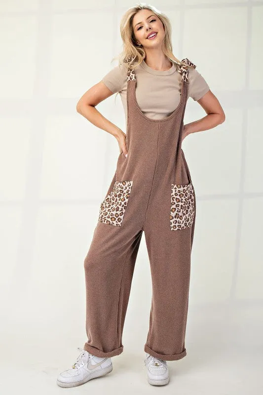 Celeste Full Size Ribbed Leopard Tied Shoulder Overalls