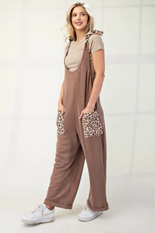 Celeste Full Size Ribbed Leopard Tied Shoulder Overalls