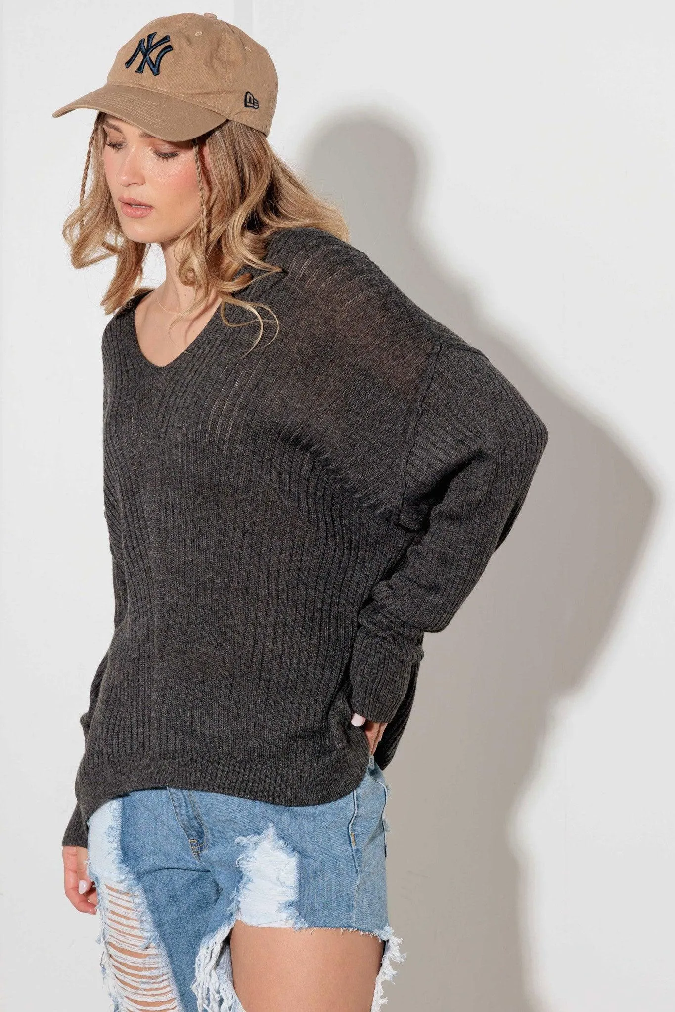 Charcoal Ribbed Relax Fit V-Neck Knit Sweater