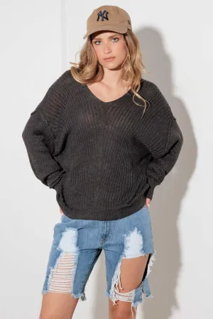 Charcoal Ribbed Relax Fit V-Neck Knit Sweater