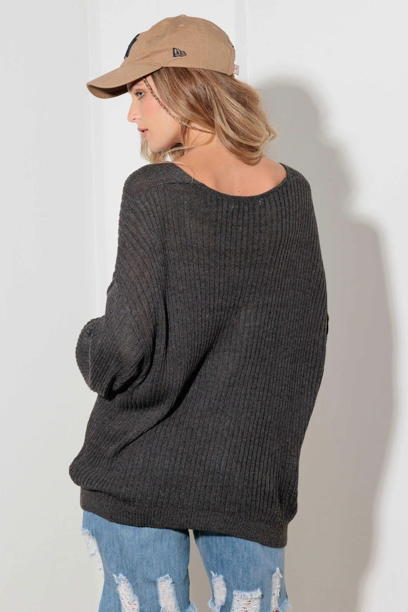 Charcoal Ribbed Relax Fit V-Neck Knit Sweater