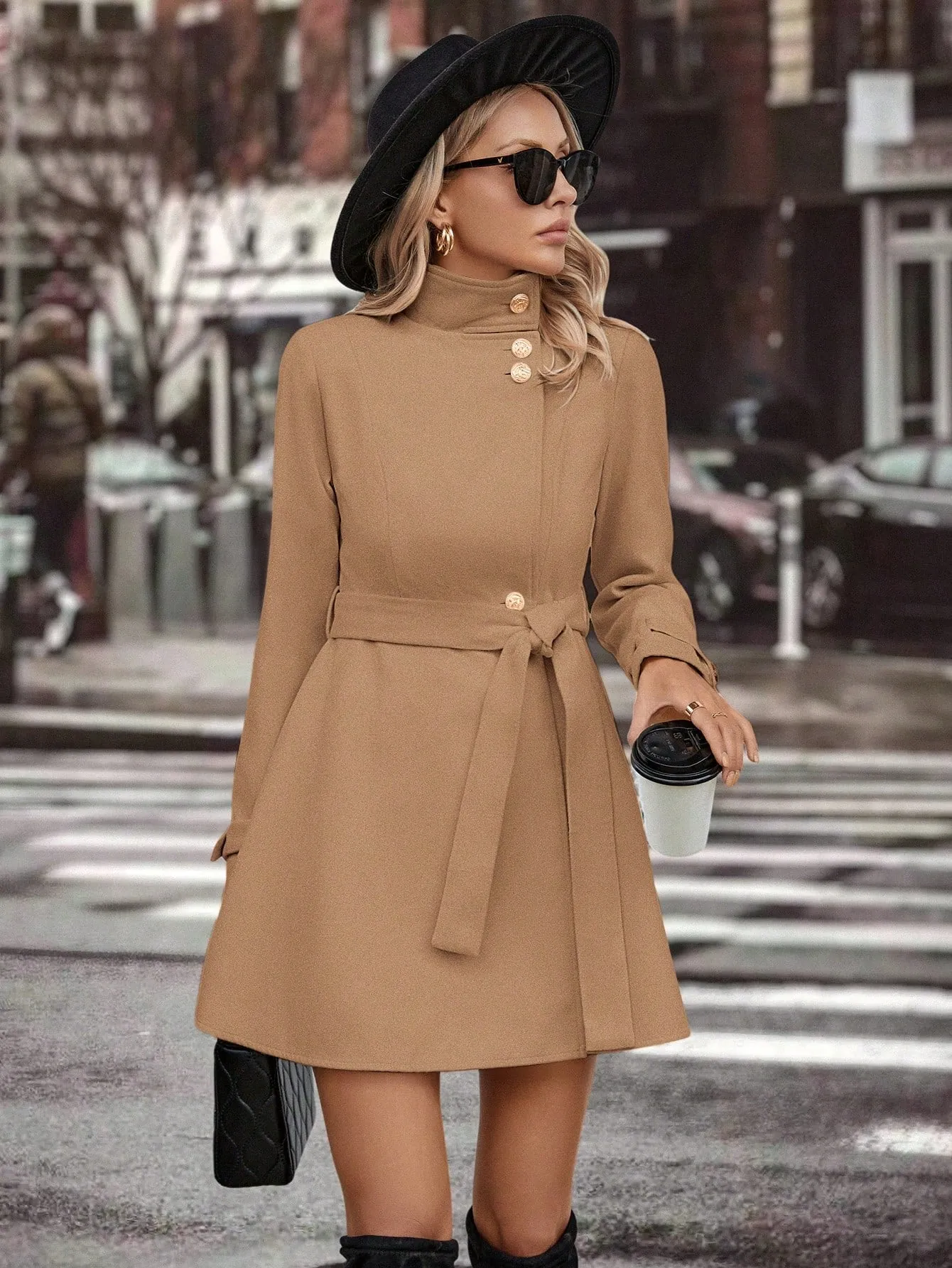 Clasi Solid Button Front Belted Tweed Coat