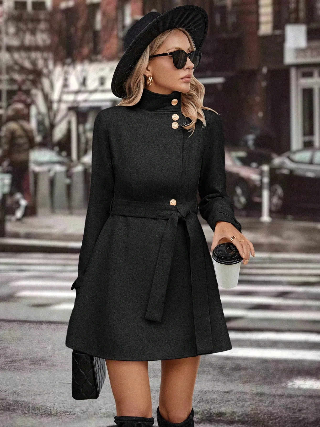 Clasi Solid Button Front Belted Tweed Coat