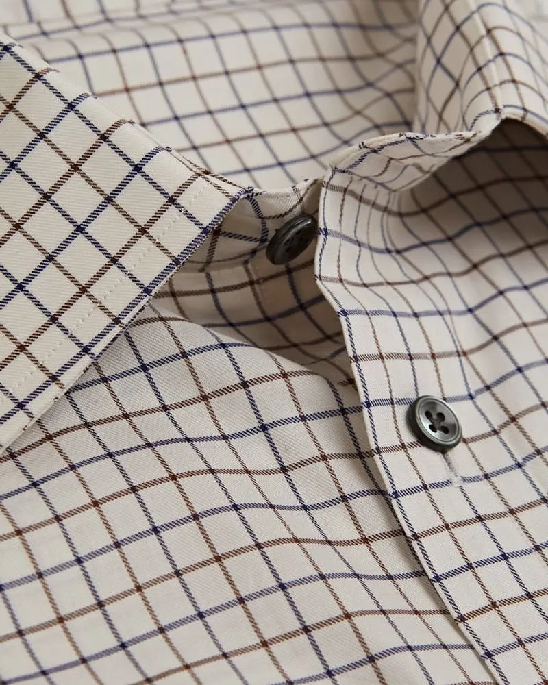 Contemporary Fit, Classic Collar, Two Button Cuff in Beige, Brown & Blue Check