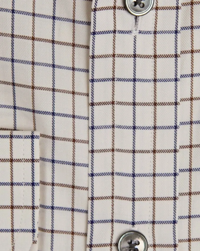 Contemporary Fit, Classic Collar, Two Button Cuff in Beige, Brown & Blue Check