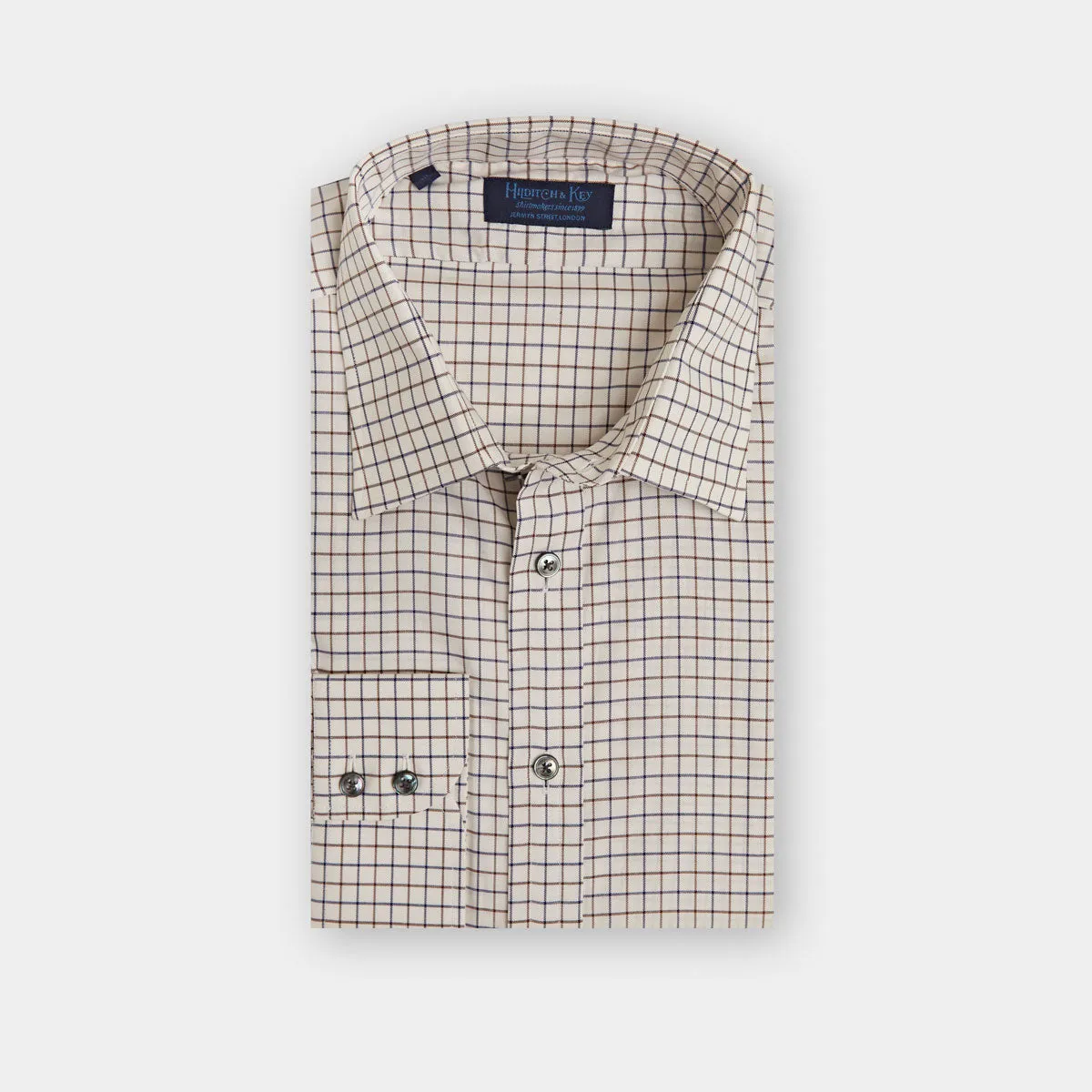 Contemporary Fit, Classic Collar, Two Button Cuff in Beige, Brown & Blue Check