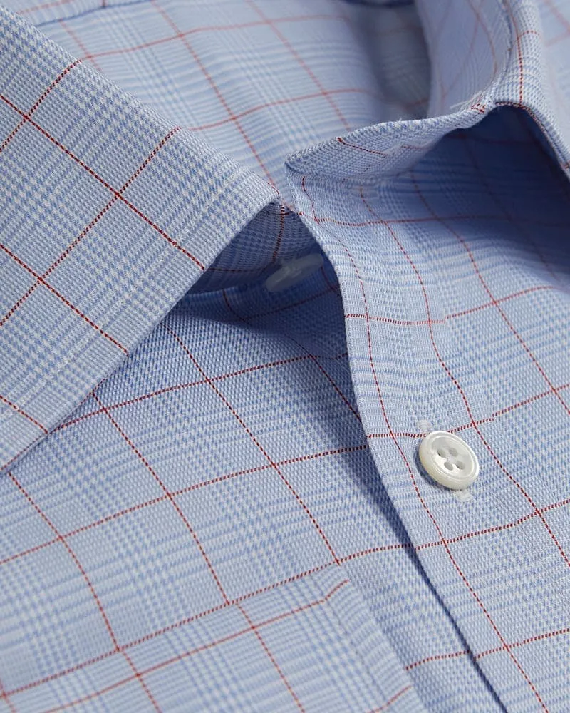 Contemporary Fit, Classic Collar, Two Button Cuff in Blue & White POW With Red Overcheck