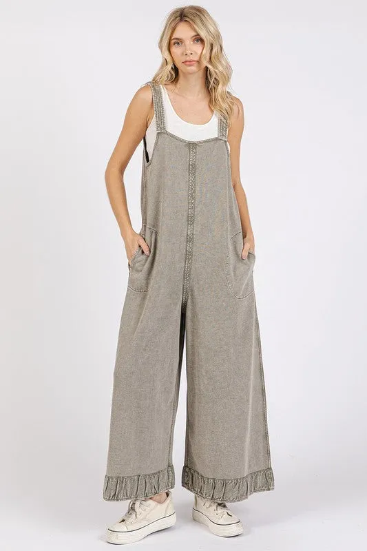 Explore More Collection - Mittoshop Ruffled Hem Wide Leg Overalls with Pockets