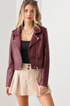 Faux Leather Collar Plain Zipper Biker Jacket