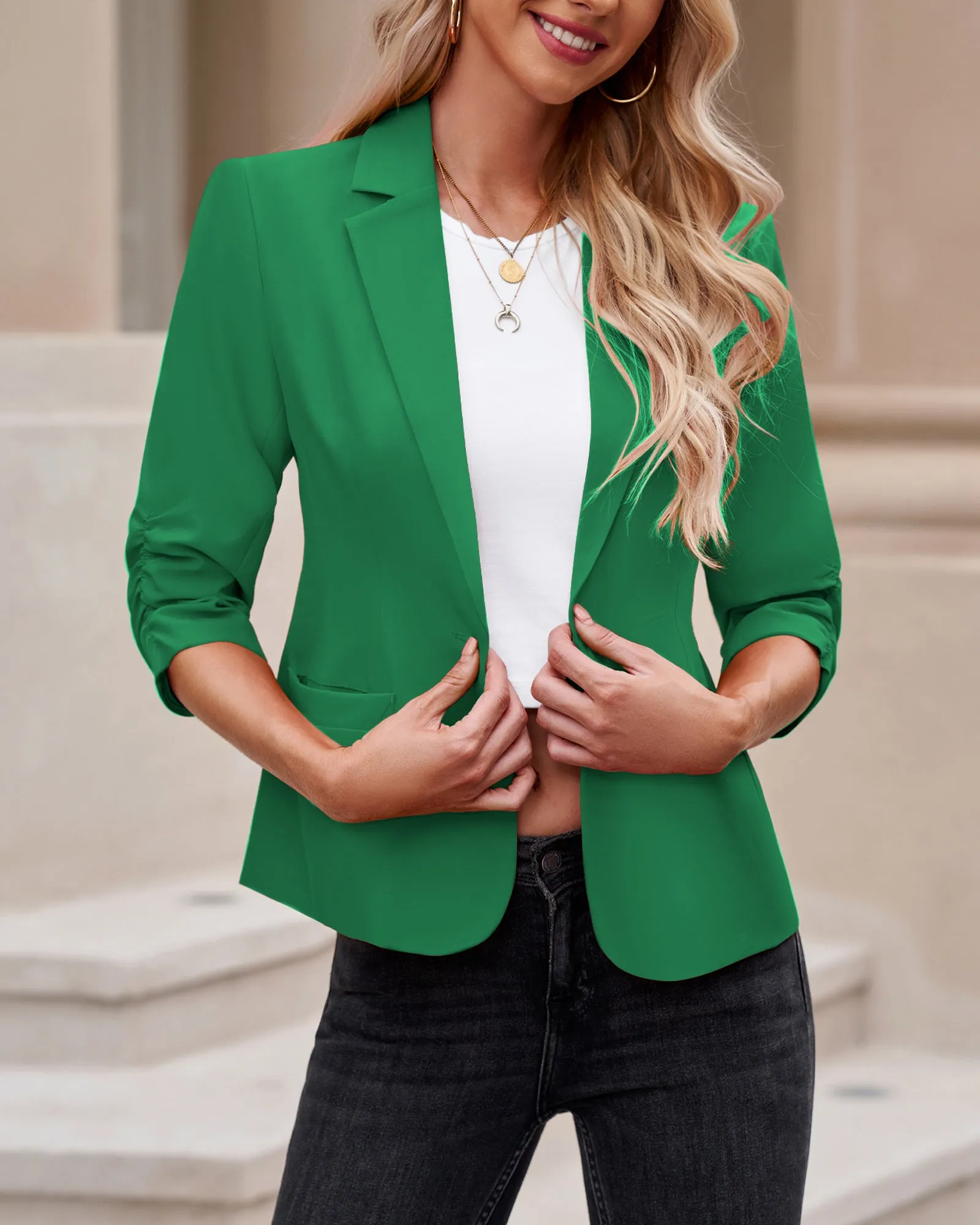 Green Women's Crop Sleeves Side Pockets Front Button Short Work Office Blazer Coats