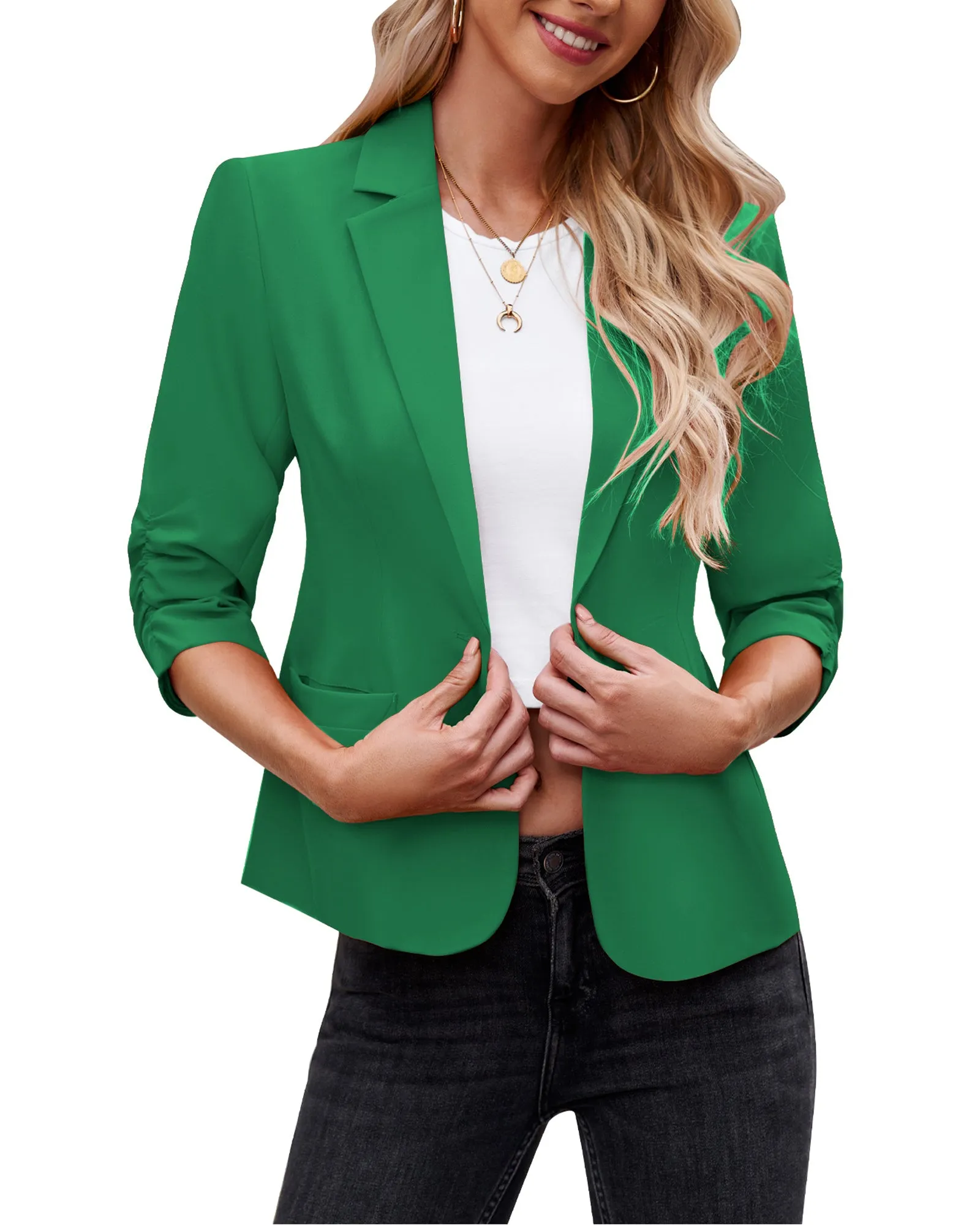 Green Women's Crop Sleeves Side Pockets Front Button Short Work Office Blazer Coats