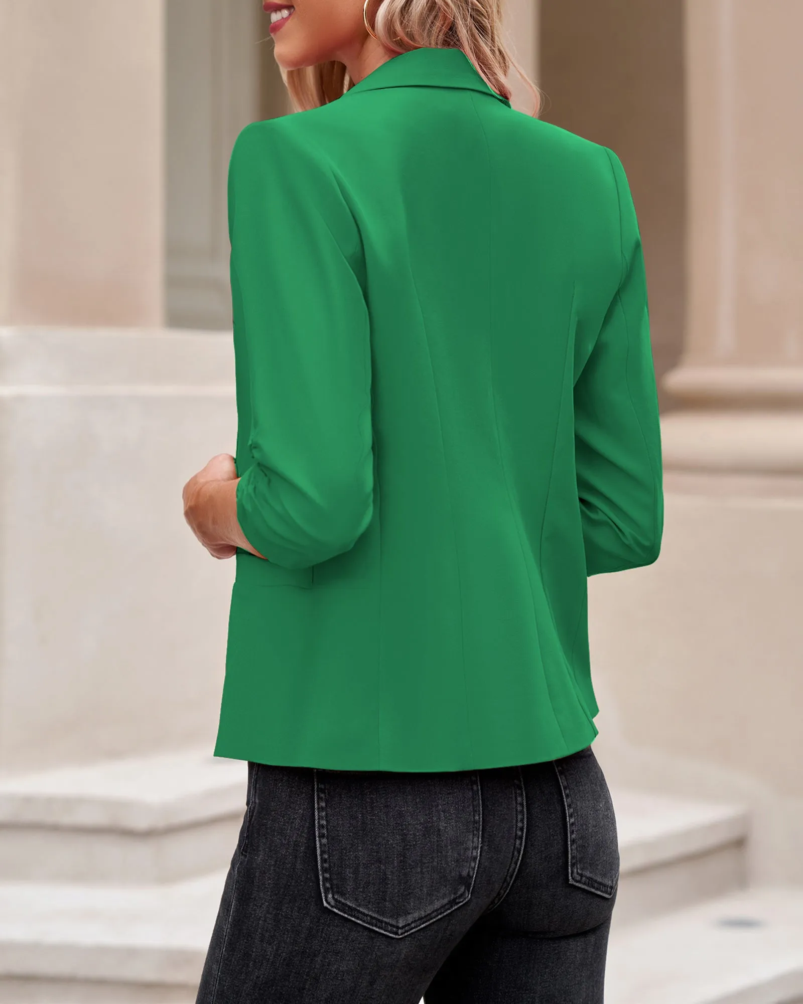 Green Women's Crop Sleeves Side Pockets Front Button Short Work Office Blazer Coats