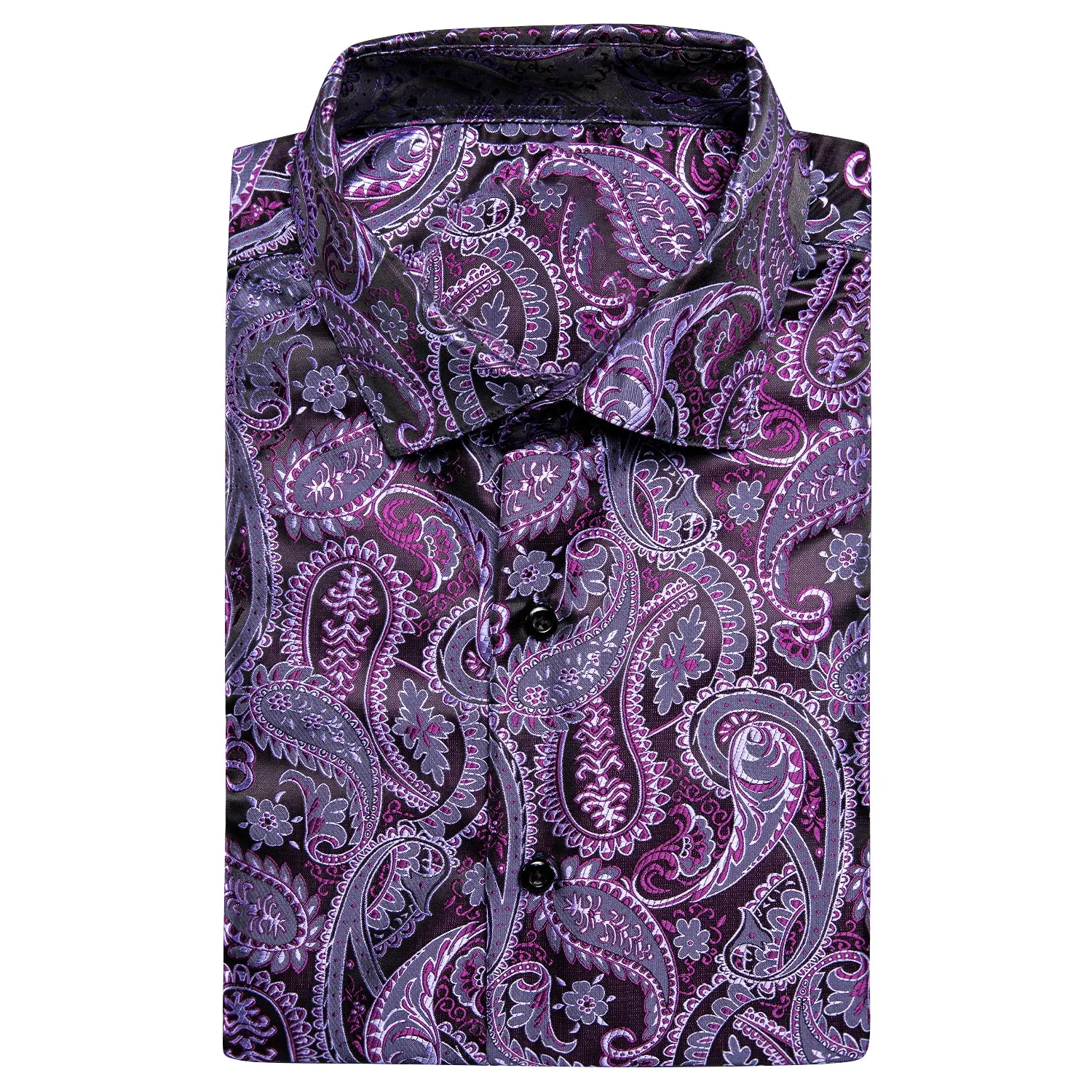 Hi-Tie Dark Purple Top Paisley Jacquard Silk Men's Short Sleeve Shirt