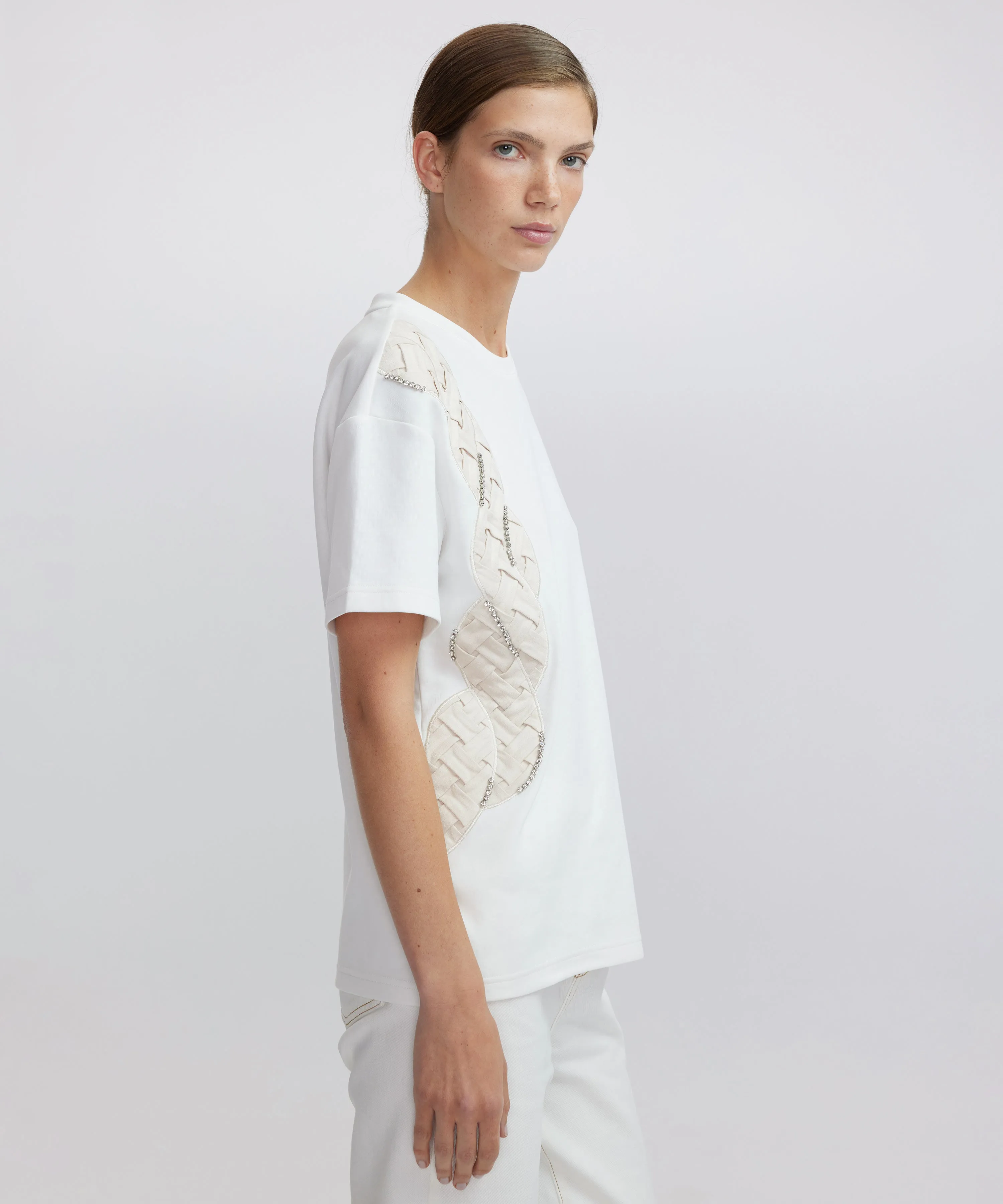 Ipekyol Fabric Mix Stone Embroidered T-Shirt Off White