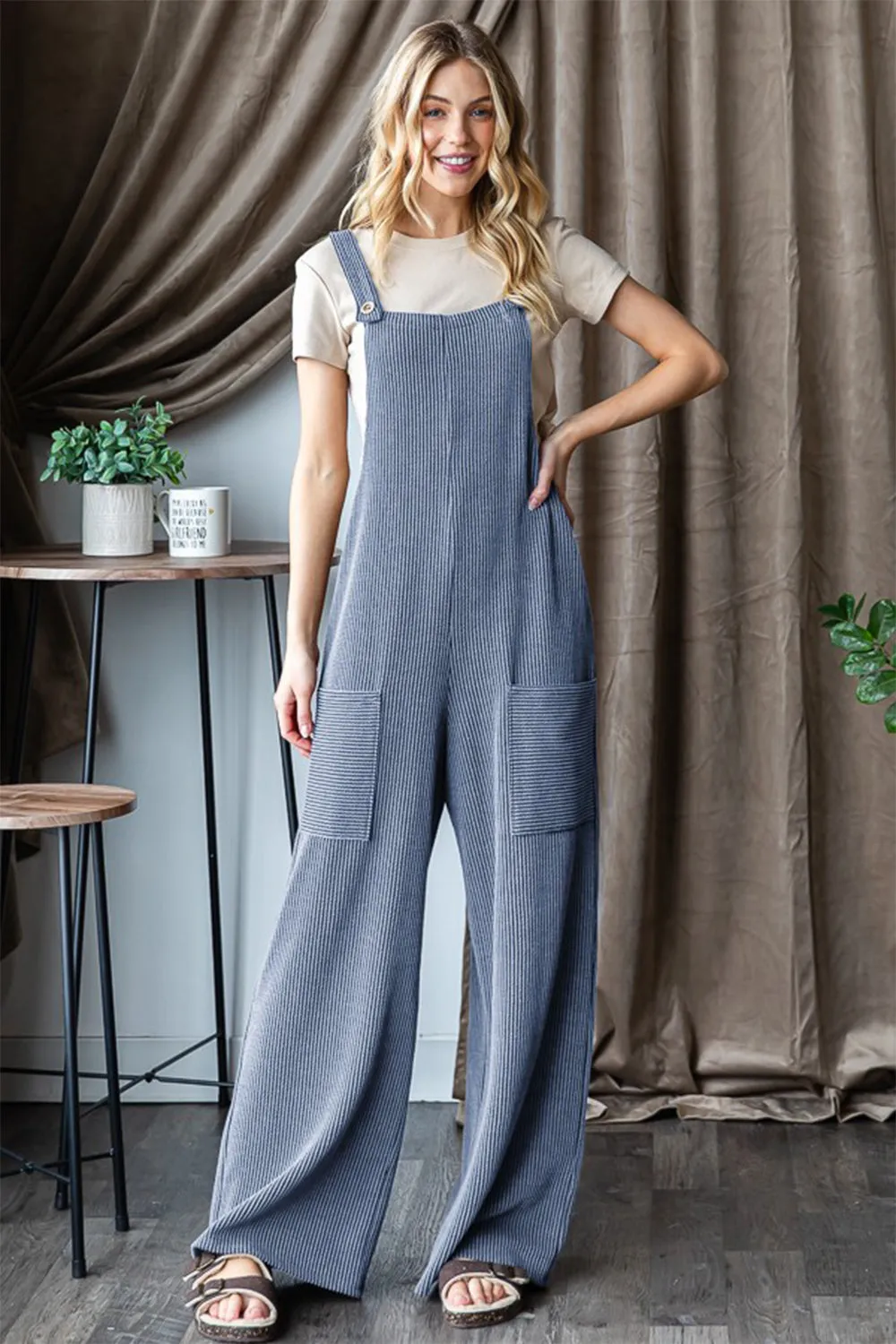 Jamie Pastel Blue Ribbed Front Pocket Sleeveless Jumpsuit