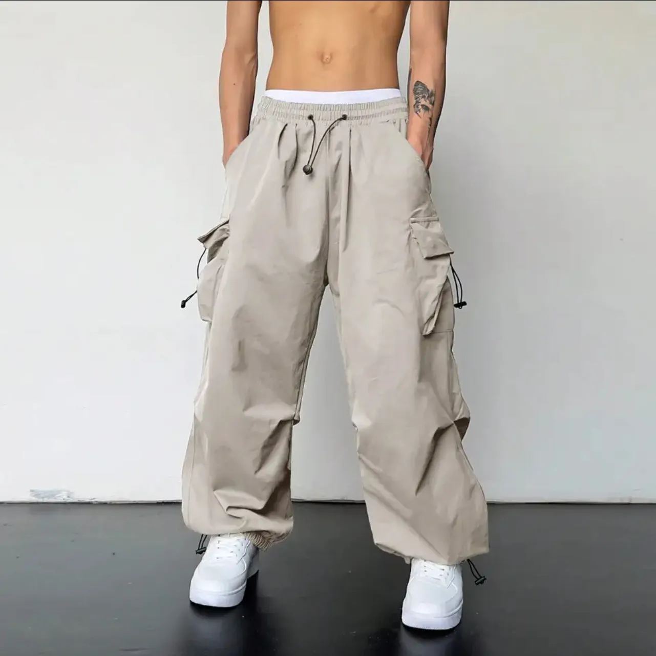 Jinquedai masc outfits American High Street Drawstring Overalls Trendy High Waist Loose All-Match Straight Couple Wide Leg Casual Trousers