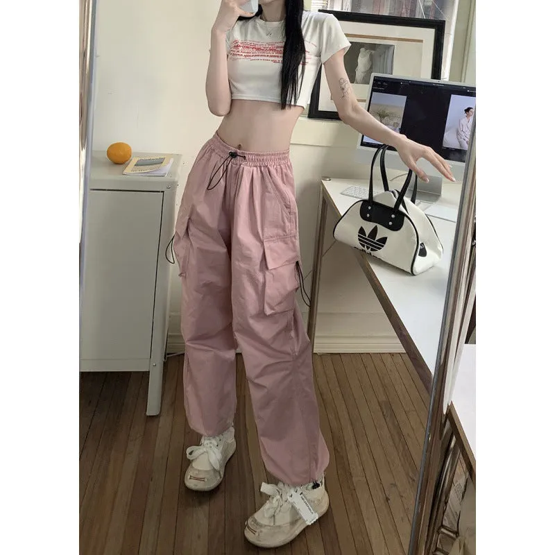 Jinquedai masc outfits American High Street Drawstring Overalls Trendy High Waist Loose All-Match Straight Couple Wide Leg Casual Trousers