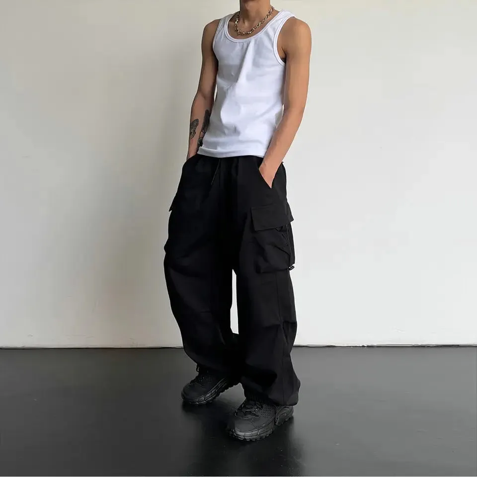 Jinquedai masc outfits American High Street Drawstring Overalls Trendy High Waist Loose All-Match Straight Couple Wide Leg Casual Trousers