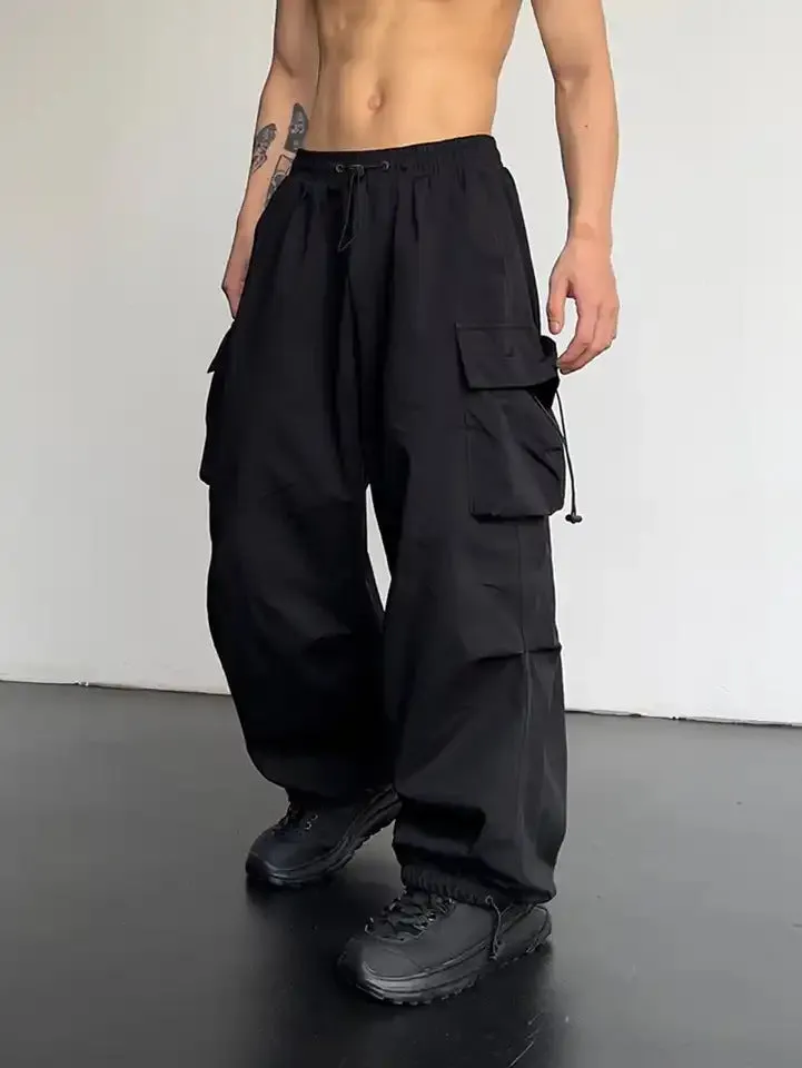 Jinquedai masc outfits American High Street Drawstring Overalls Trendy High Waist Loose All-Match Straight Couple Wide Leg Casual Trousers