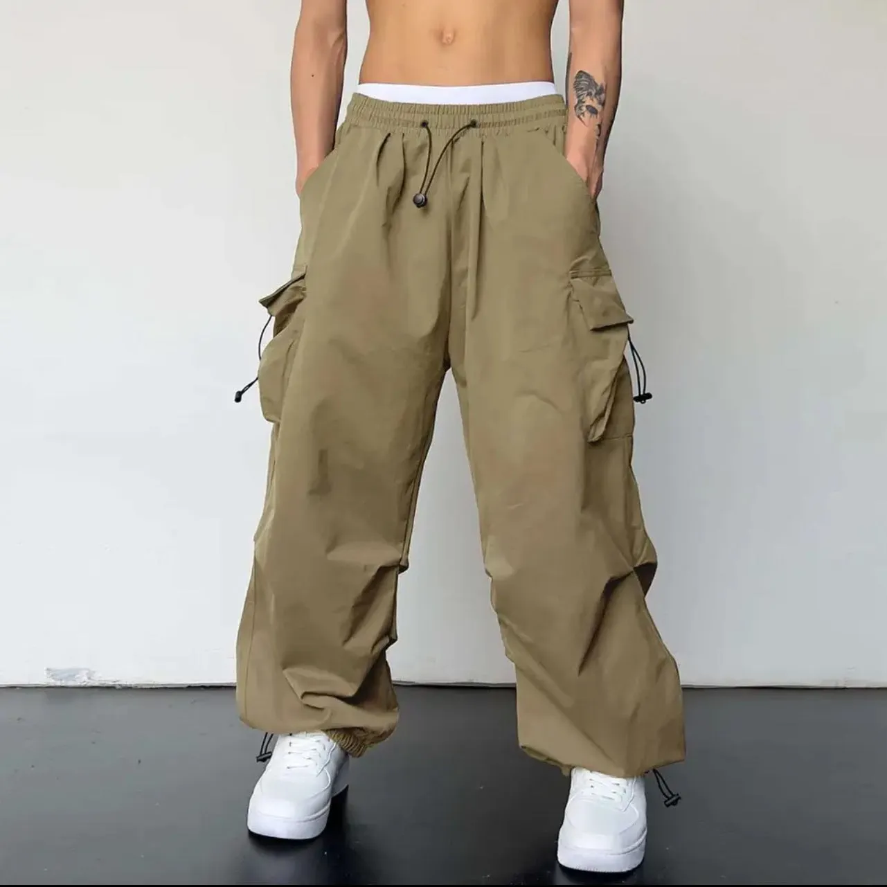 Jinquedai masc outfits American High Street Drawstring Overalls Trendy High Waist Loose All-Match Straight Couple Wide Leg Casual Trousers