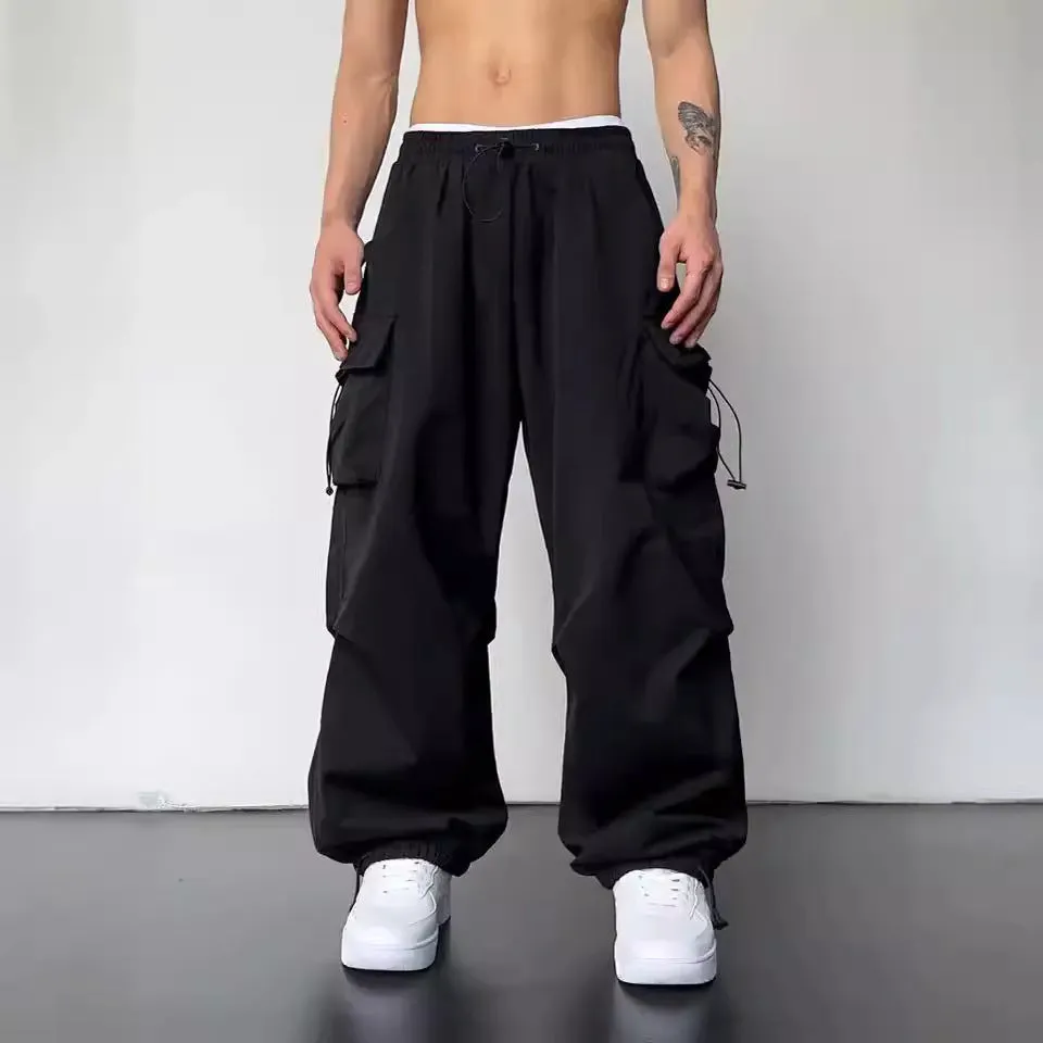 Jinquedai masc outfits American High Street Drawstring Overalls Trendy High Waist Loose All-Match Straight Couple Wide Leg Casual Trousers