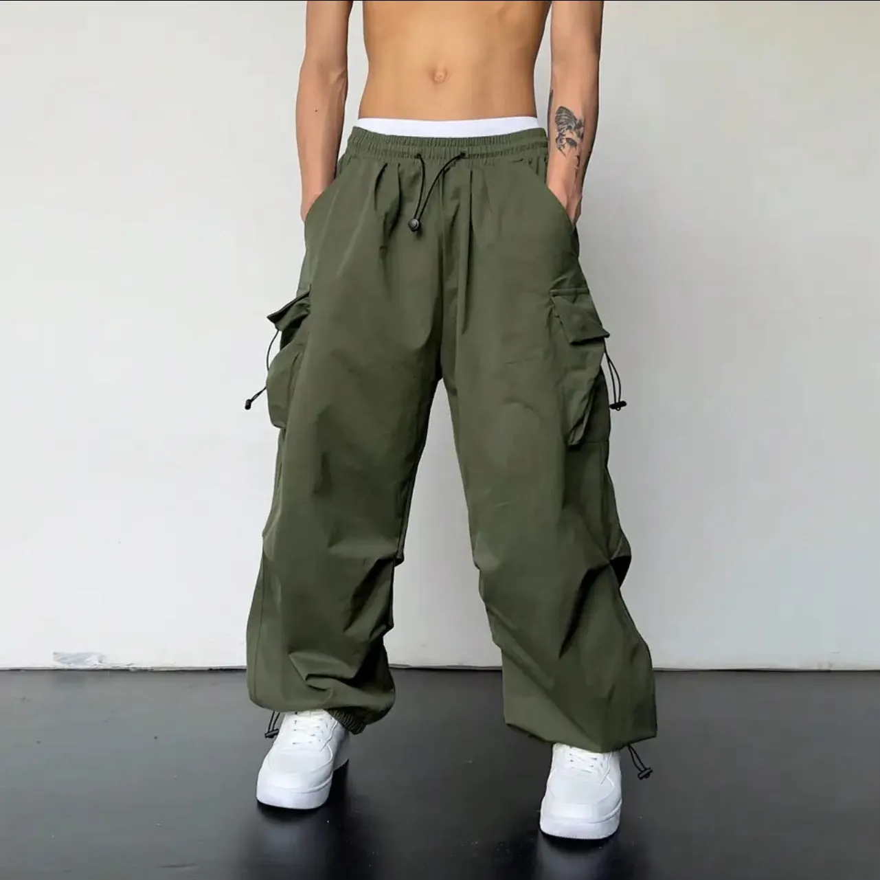 Jinquedai masc outfits American High Street Drawstring Overalls Trendy High Waist Loose All-Match Straight Couple Wide Leg Casual Trousers