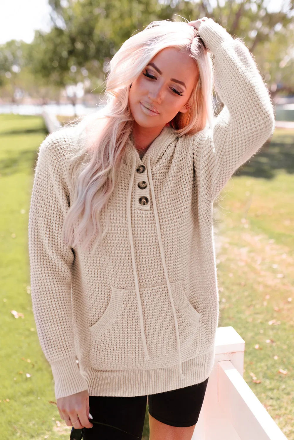 Joelle Waffle Knit Buttons Hooded Sweater