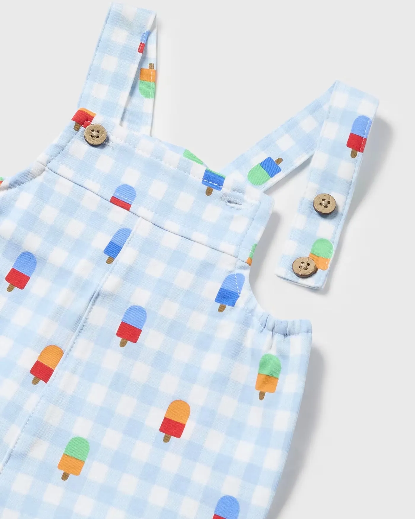 Light Blue Gingham & Popsicle Printed Overalls, Tee, & Hat Set