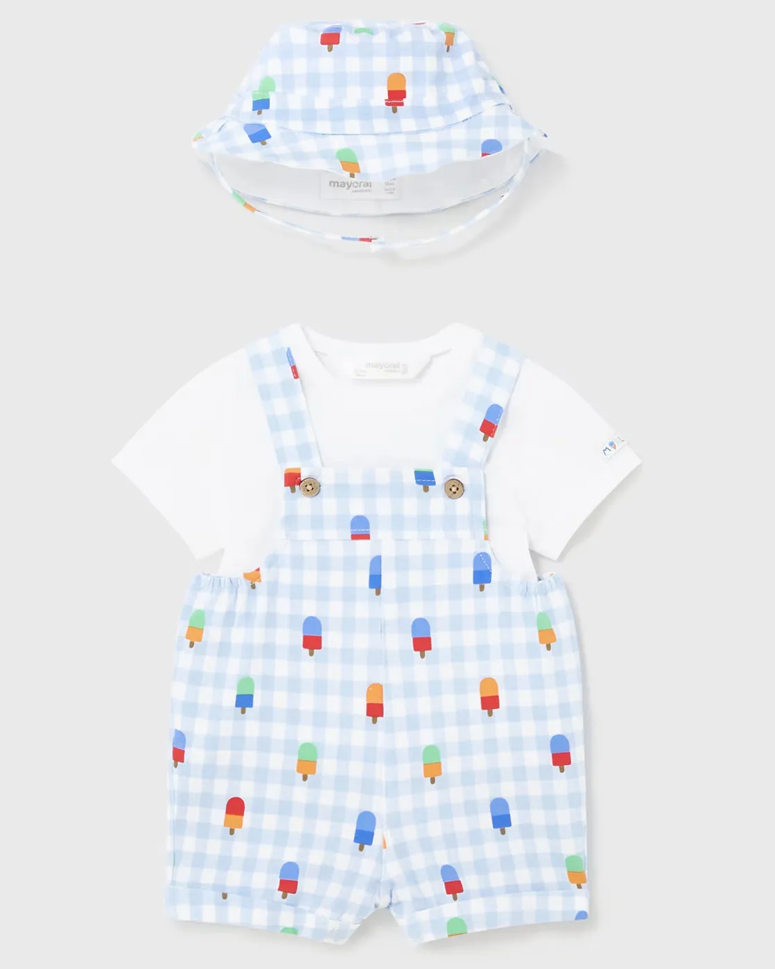 Light Blue Gingham & Popsicle Printed Overalls, Tee, & Hat Set