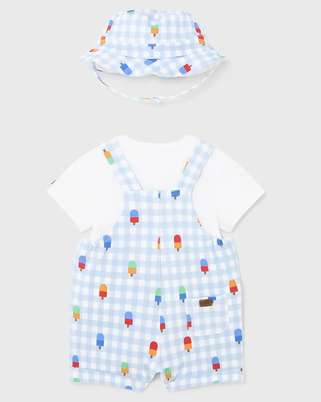 Light Blue Gingham & Popsicle Printed Overalls, Tee, & Hat Set