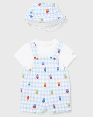 Light Blue Gingham & Popsicle Printed Overalls, Tee, & Hat Set